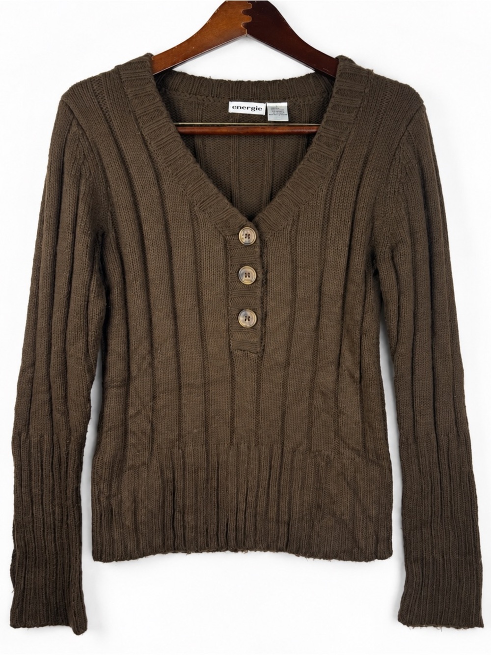 Vintage Y2K Energie Brown Ribbed Henley V Neck Sweater L 2000s